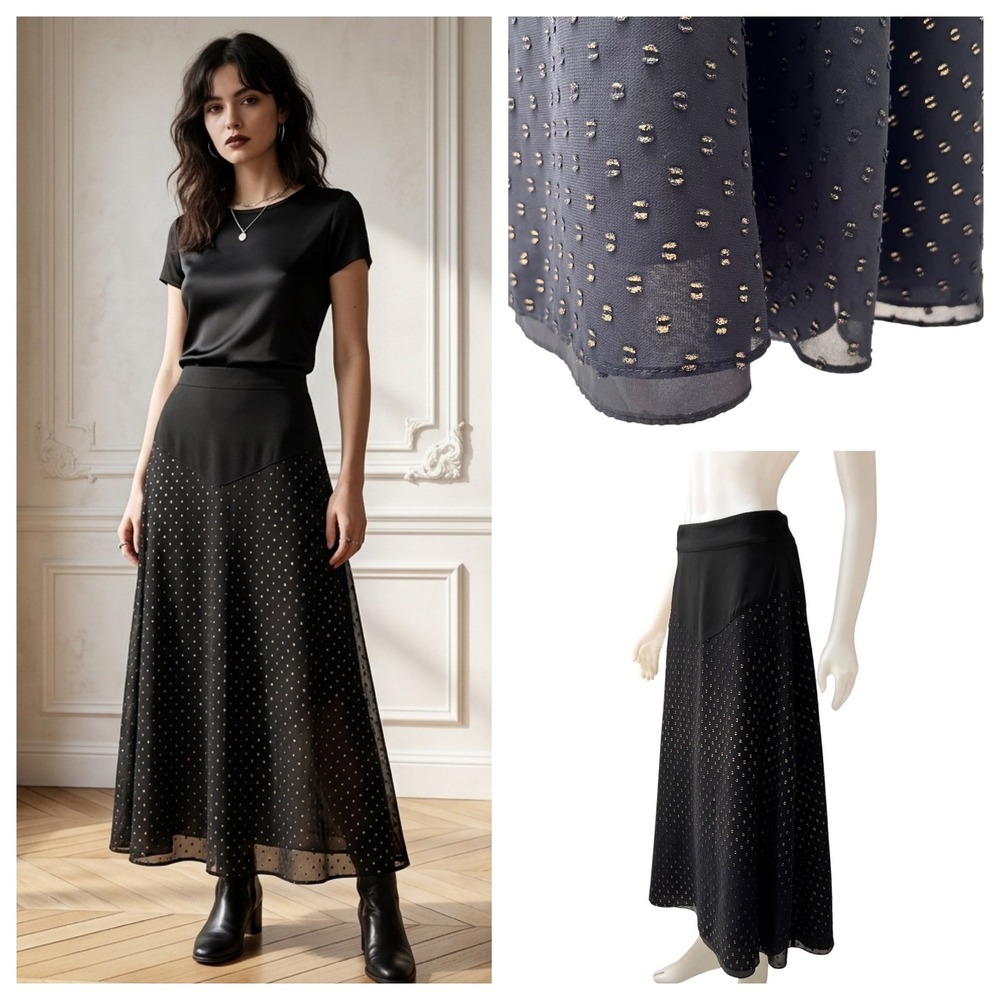 Vintage 90s Carrie Metallic Polka Dot Drop Waist V-Yoke Maxi Skirt 4 Made in USA
